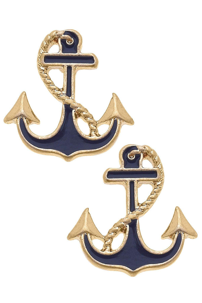 Laura Enamel Anchor Stud Earrings in Navy - Canvas Style