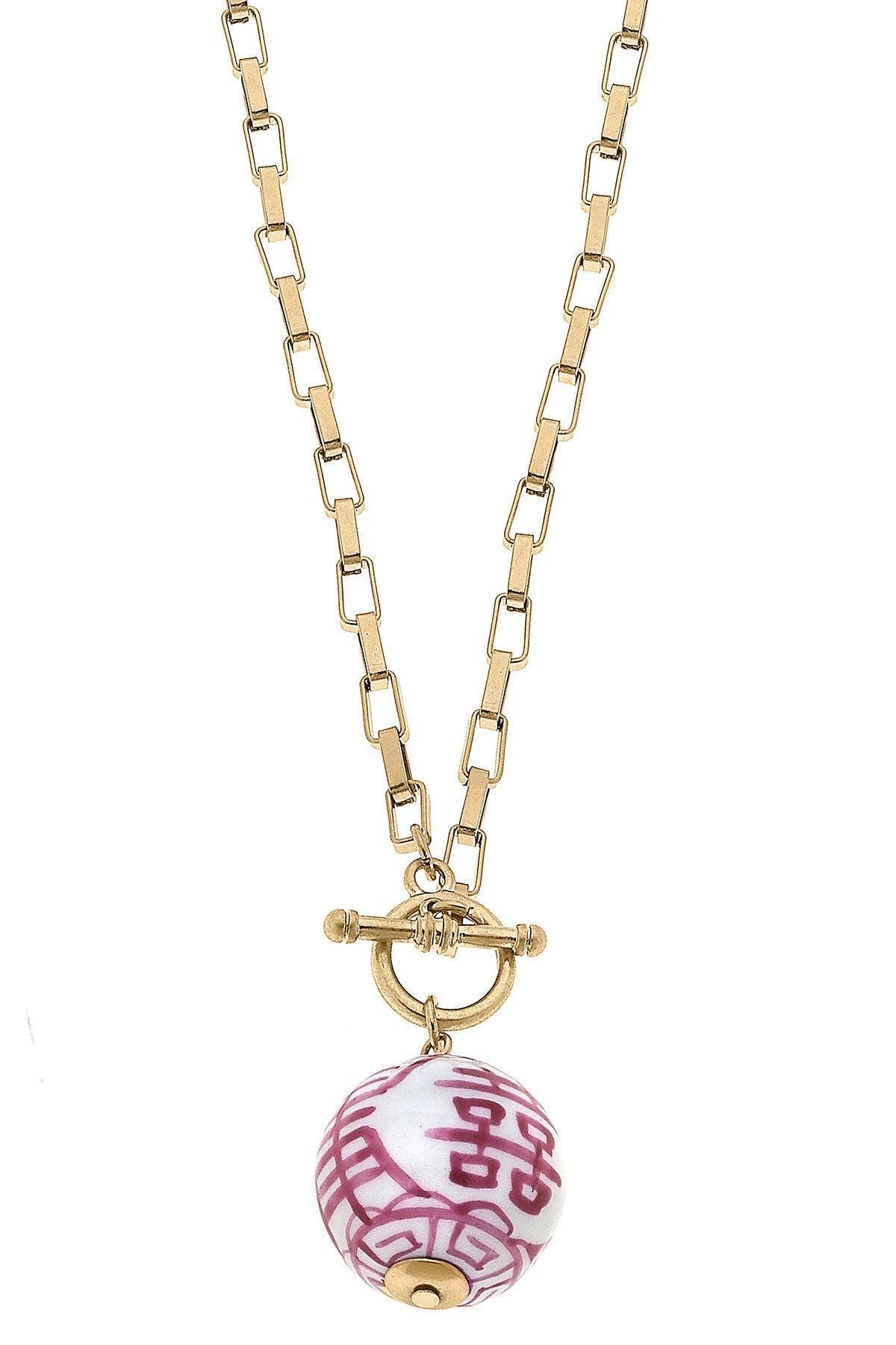 Laurel Chinoiserie T-Bar Necklace in Pink & White - FINAL SALE 