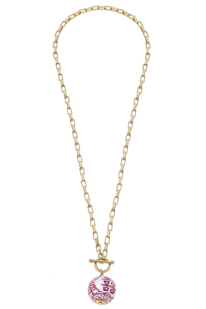 Laurel Chinoiserie T-Bar Necklace in Pink & White - Canvas Style