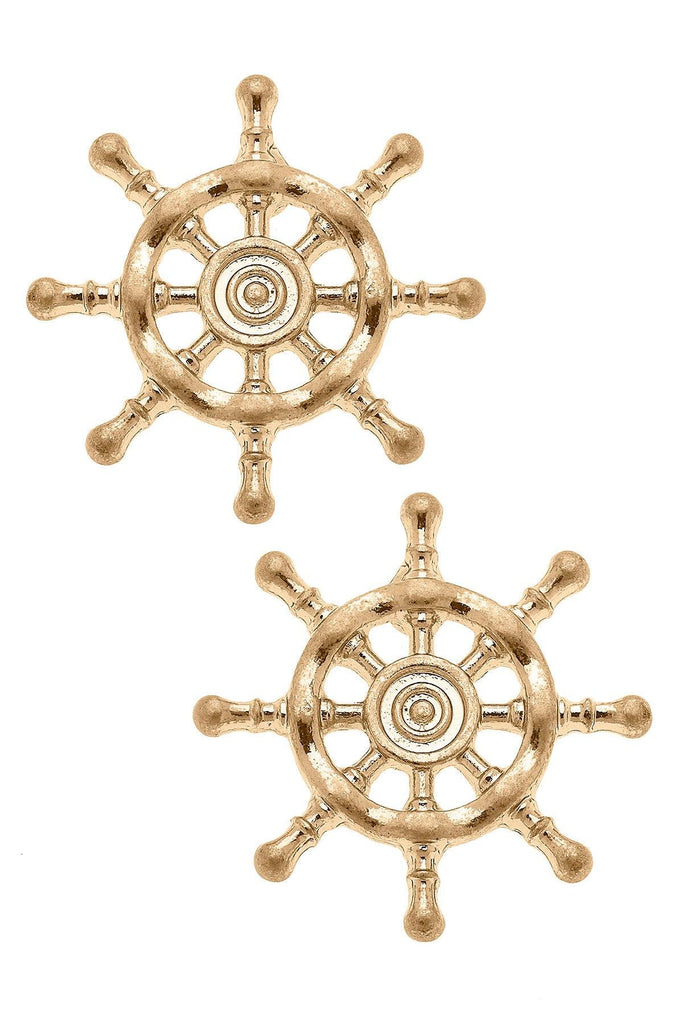 Lee Ship's Wheel Stud Earrings in Worn Gold - Canvas Style