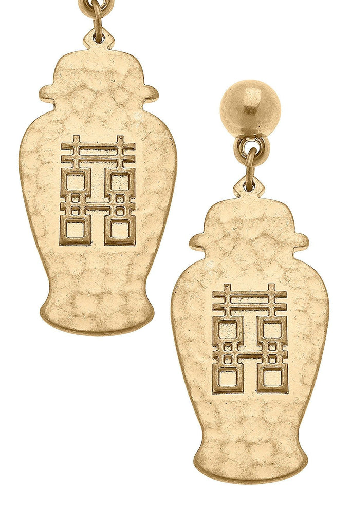 Lila Temple Jar Double Happiness Statement Earrings in Worn Gold - Canvas Style