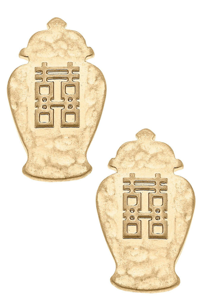 Lila Temple Jar Double Happiness Stud Earrings in Worn Gold - Canvas Style