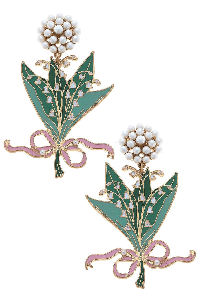 Lily of the Valley Enamel Bouquet Earrings in Green & Pink - Canvas Style