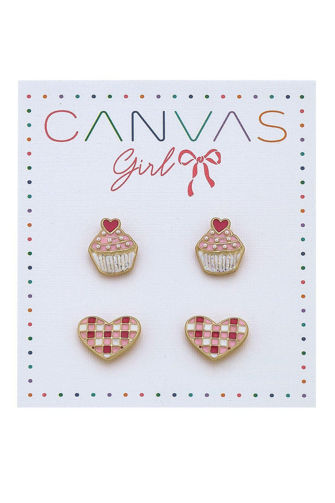 Livi Cupcake & Gingham Heart Children’s Stud Earrings - Canvas Style