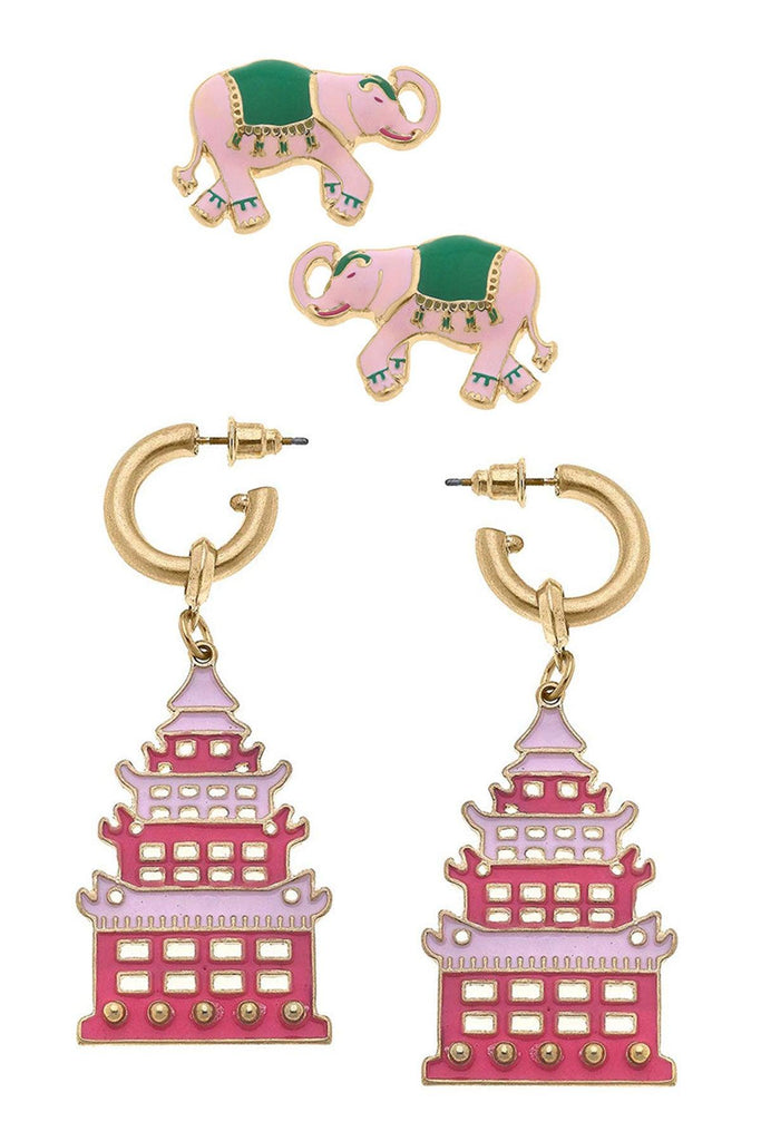 Livy Elephant Stud and Tiffany Enamel Pagoda Earring Set - Canvas Style