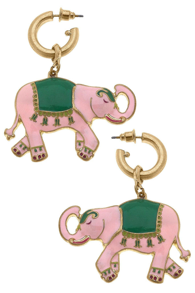 Livy Enamel Elephant Earrings in Pink & Green - Canvas Style