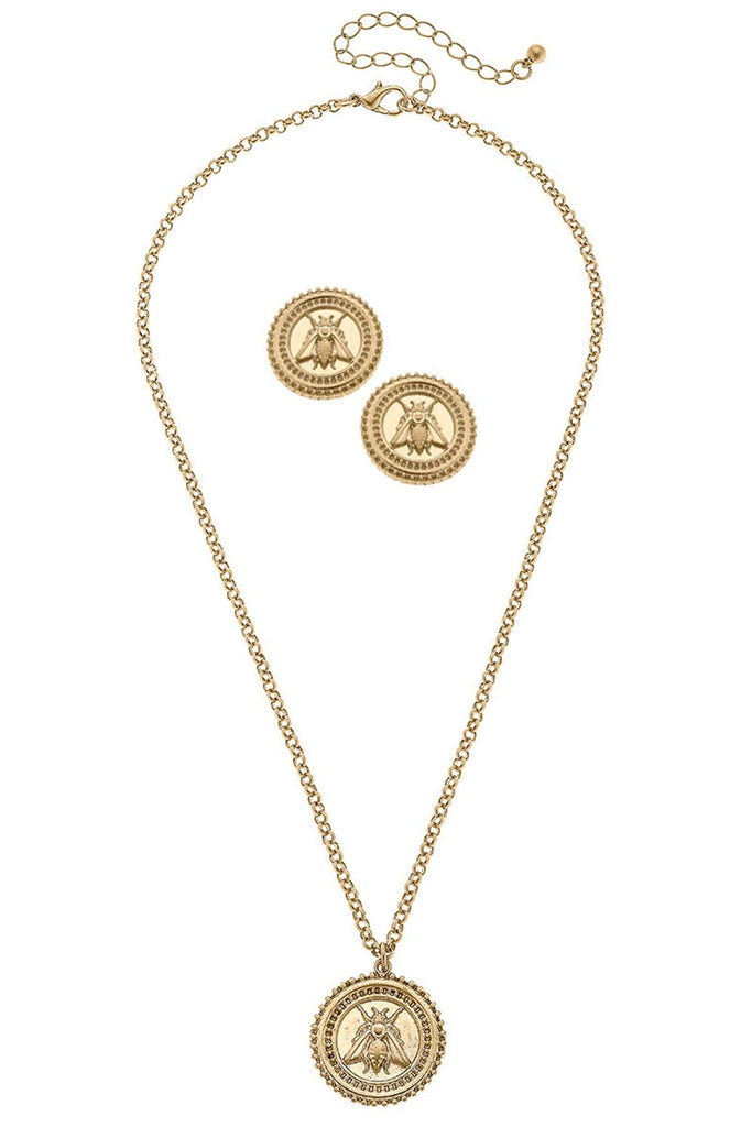 Lizette Bee Medallion Earring and Necklace Set in Worn Gold - Canvas Style