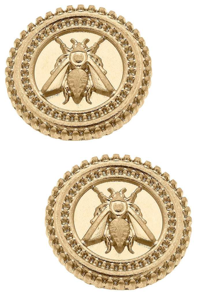 Lizette Bee Medallion Stud Earrings in Worn Gold - Canvas Style