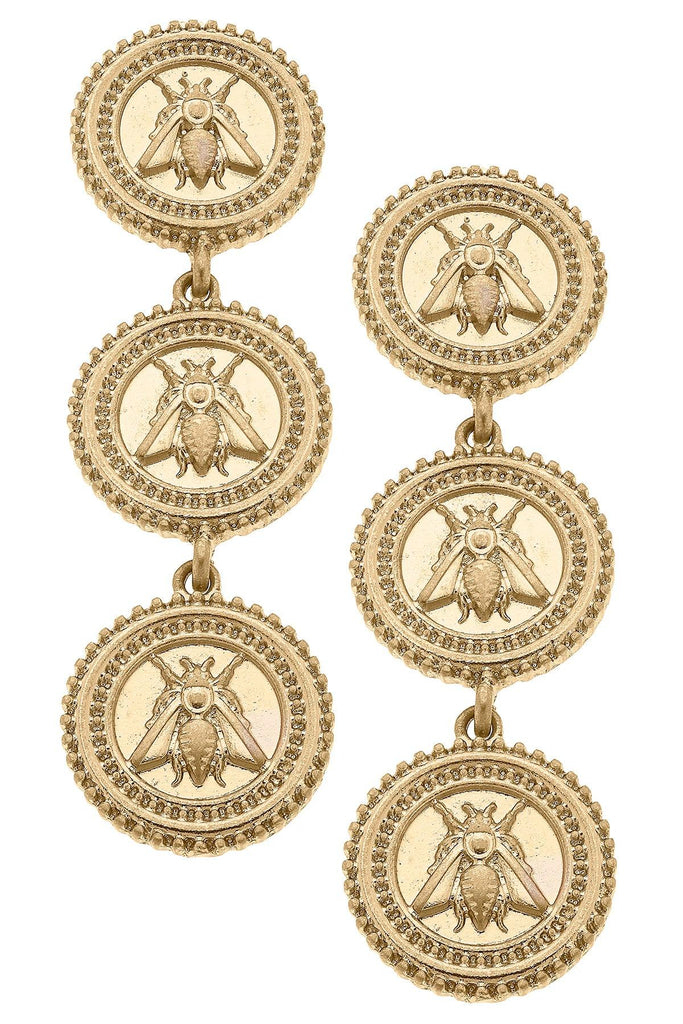 Lizette Bee Medallion Triple Drop Earrings in Worn Gold - Canvas Style
