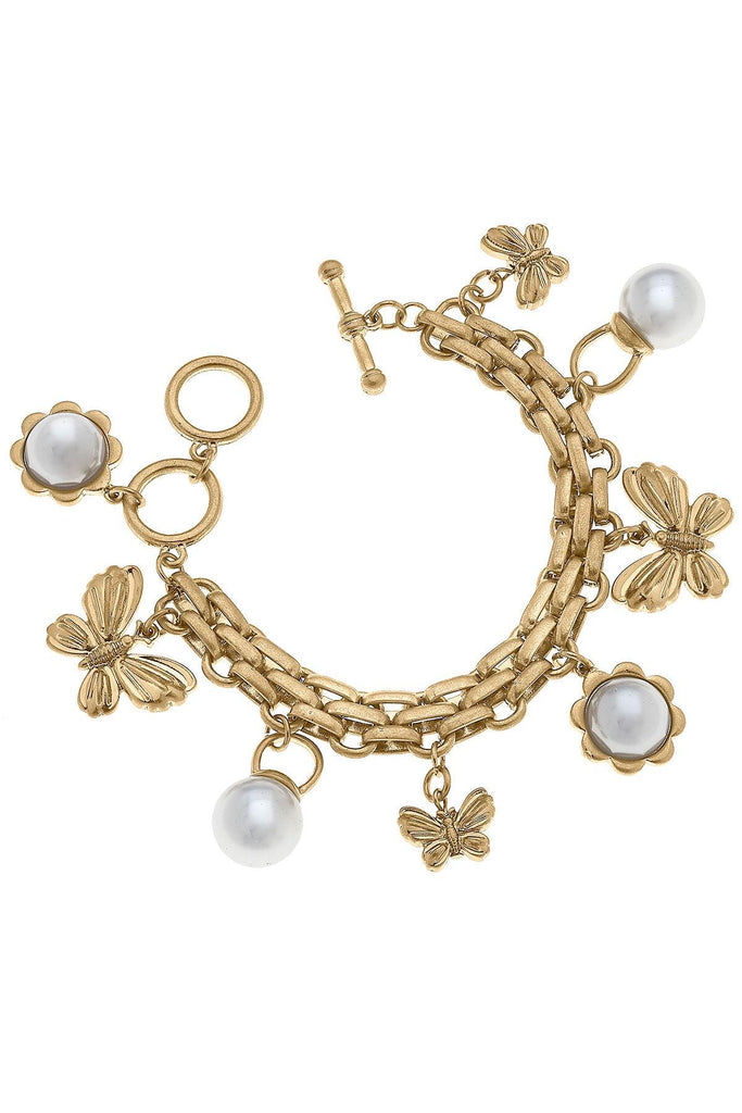 Lorelai Butterfly and Pearl Charm Bracelet in Worn Gold - Canvas Style