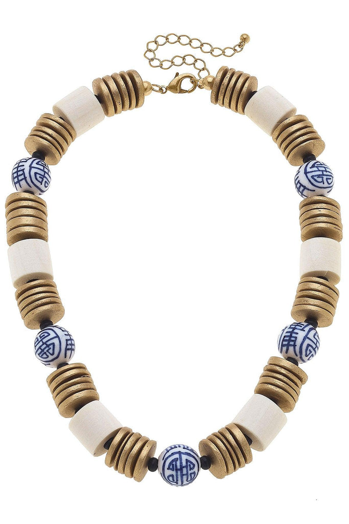 Lorelei Blue & White Chinoiserie & Painted Wood Statement Necklace in Ivory - Canvas Style