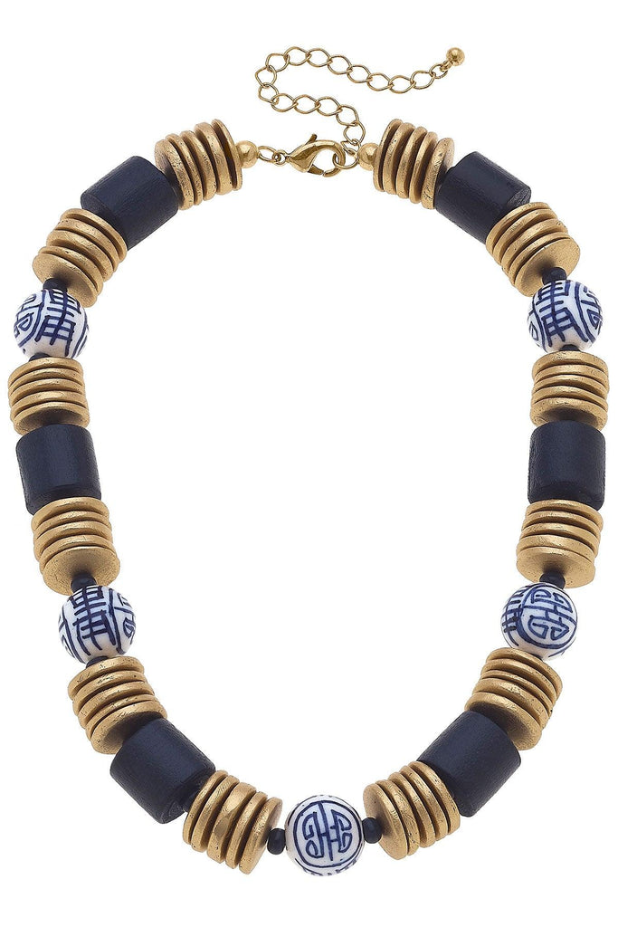 Lorelei Blue & White Chinoiserie & Painted Wood Statement Necklace in Navy - Canvas Style