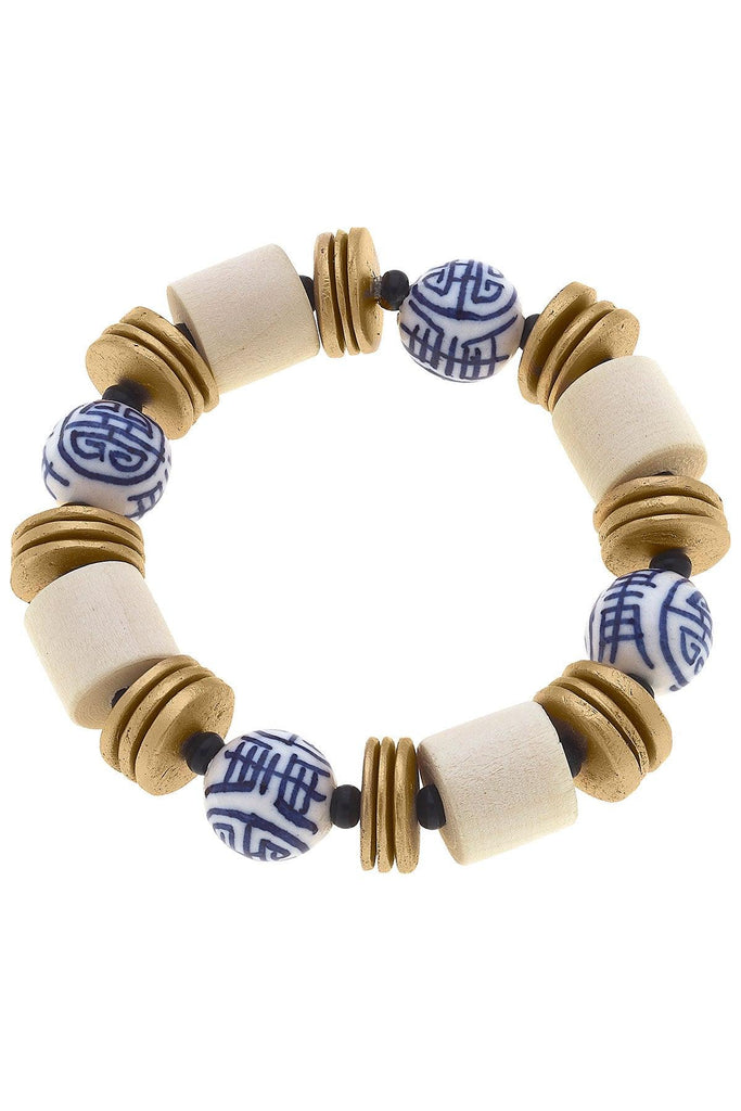 Lorelei Blue & White Chinoiserie & Painted Wood Stretch Bracelet in Ivory - Canvas Style