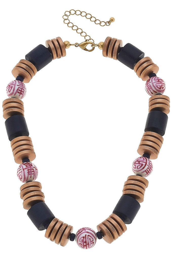 Lorelei Pink & White Chinoiserie & Painted Wood Statement Necklace in Navy - Canvas Style