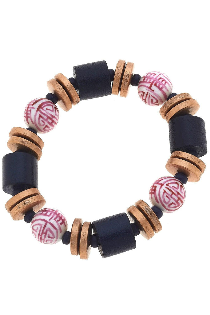 Lorelei Pink & White Chinoiserie & Painted Wood Stretch Bracelet in Navy - Canvas Style