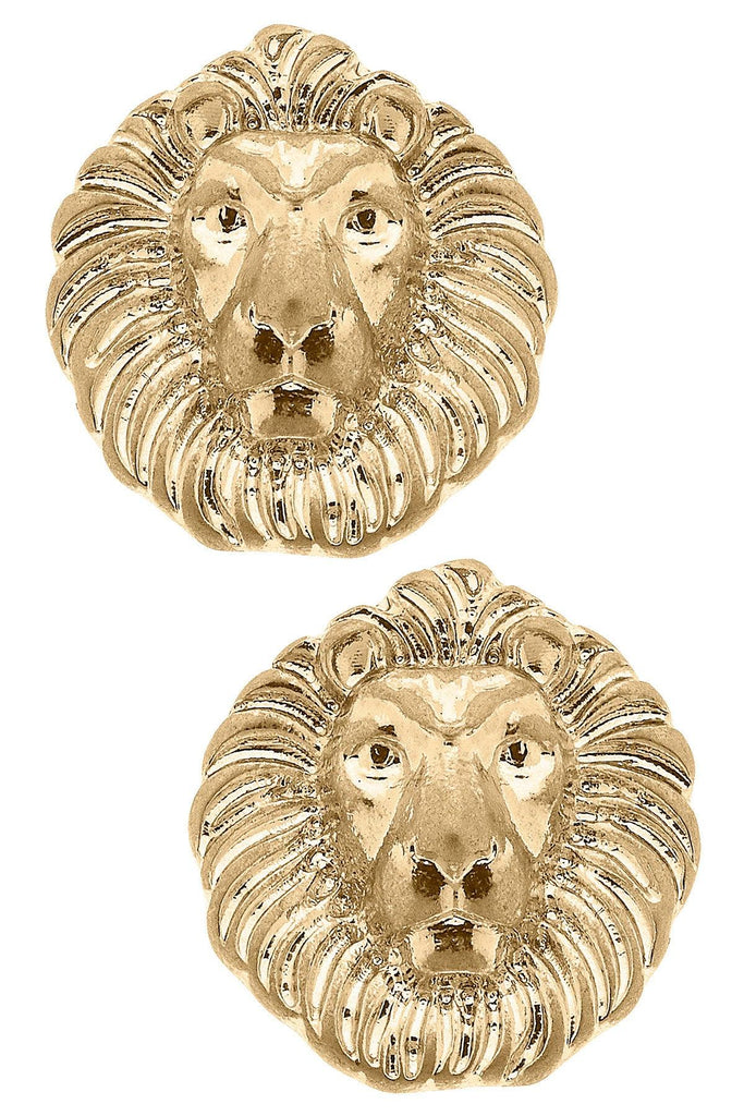 Louise Lion Head Stud Earrings in Worn Gold - Canvas Style