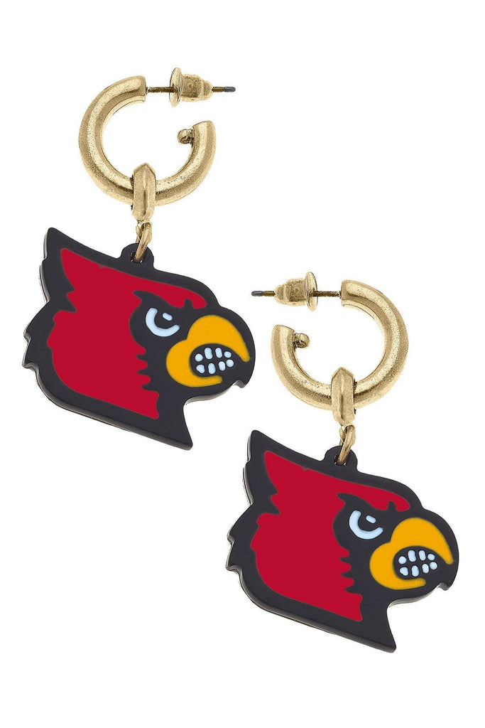 Louisville Cardinals Resin Logo Drop Hoop Earrings in Red/Black - Canvas Style