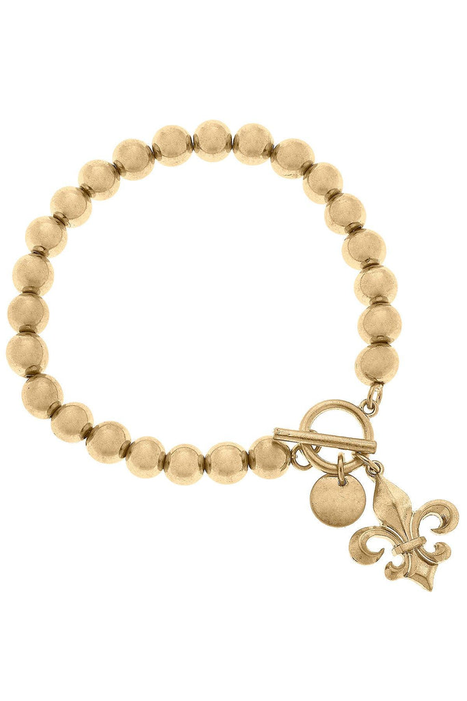 Lourdes Bourbon Fleur de Lis Charm Ball Bead T-Bar Bracelet in Worn Gold - Canvas Style