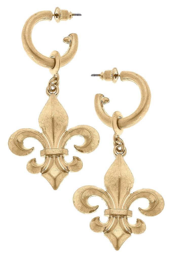 Lourdes Bourbon Fleur de Lis Drop Hoop Earrings in Worn Gold - Canvas Style