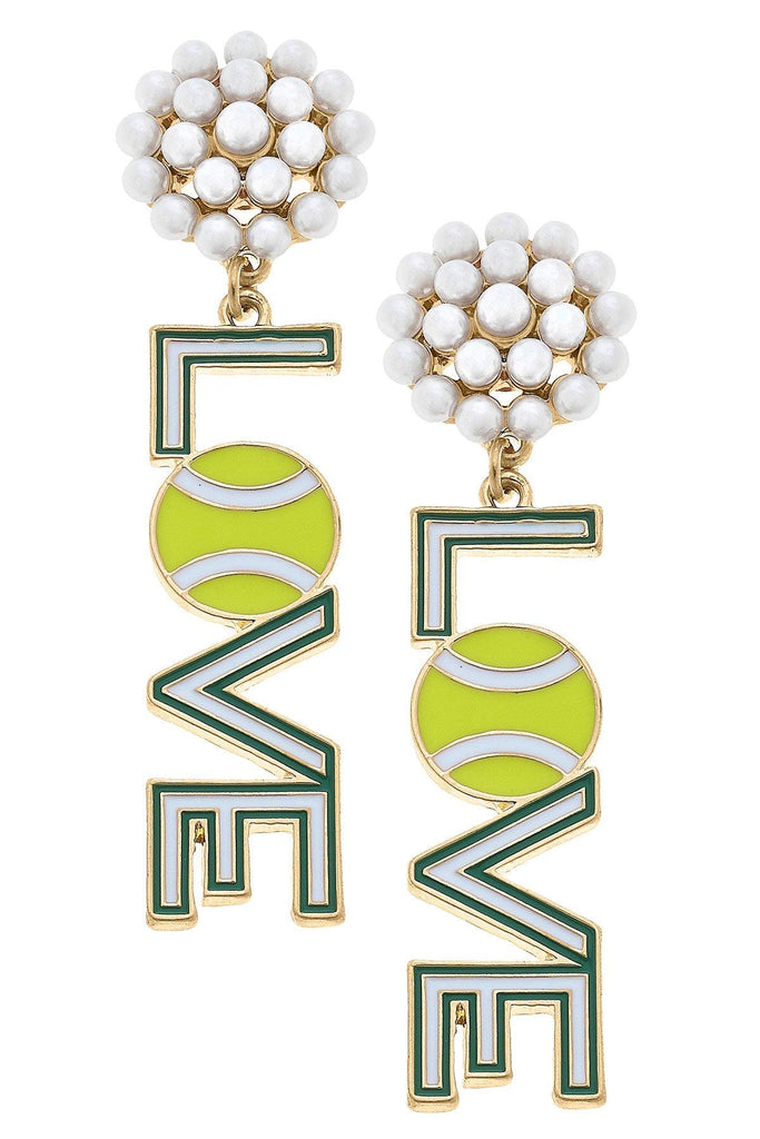Love Pearl Cluster Enamel Tennis Earrings in Green and White - Canvas Style