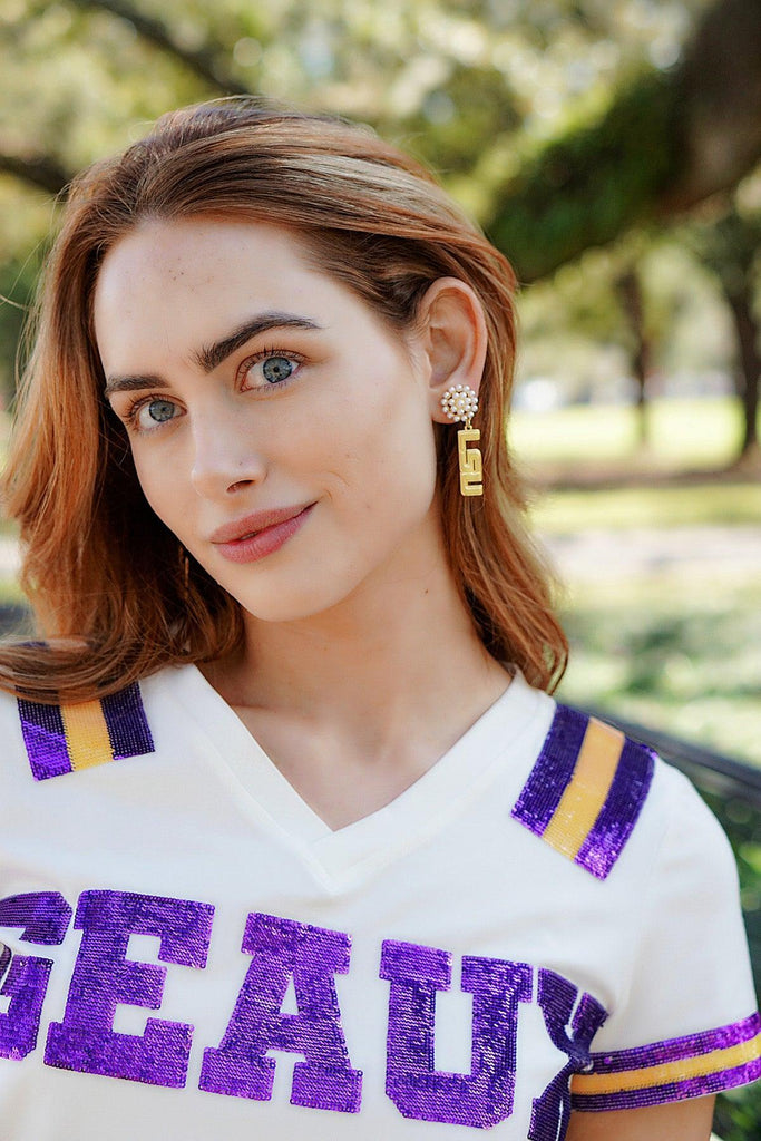 LSU Tigers Pearl Cluster 24K Gold Plated Logo Earrings - Canvas Style