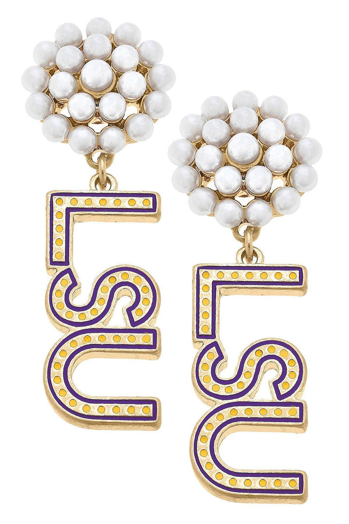 LSU Tigers Pearl Cluster Dotted Enamel Drop Earrings - FINAL SALE - Canvas Style