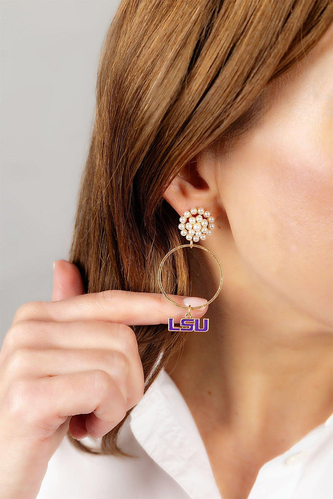 LSU Tigers Pearl Cluster Enamel Hoop Earrings - FINAL SALE - Canvas Style