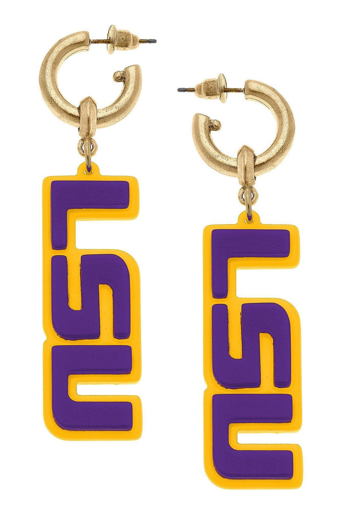 LSU Tigers Resin Logo Drop Hoop Earrings - Canvas Style