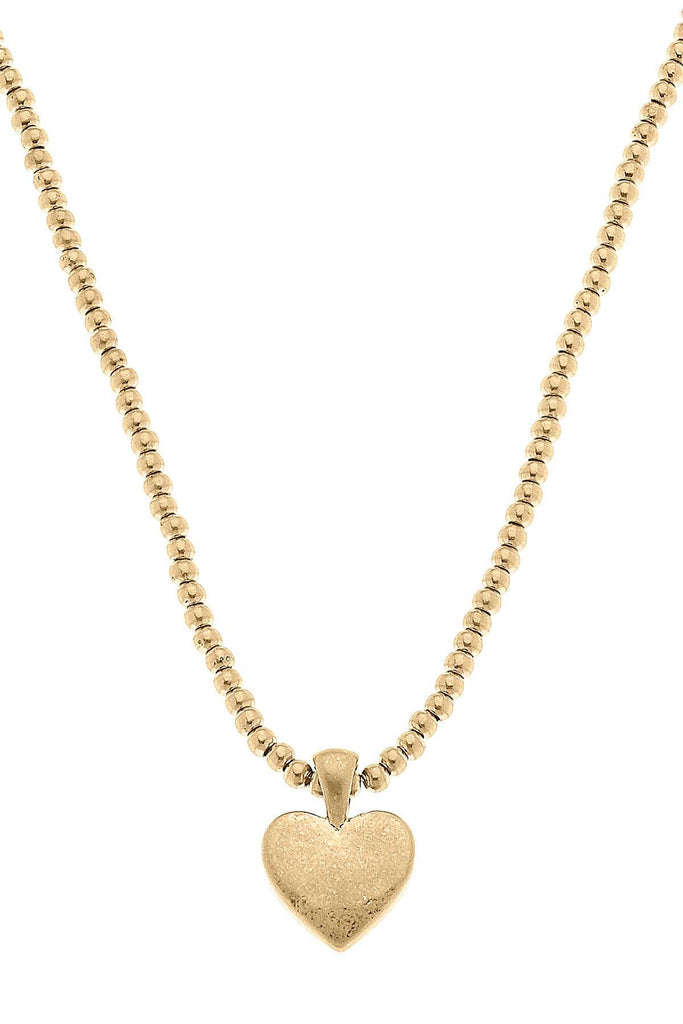 Macy Heart Pendant with Ball Bead Chain Necklace in Worn Gold - Canvas Style