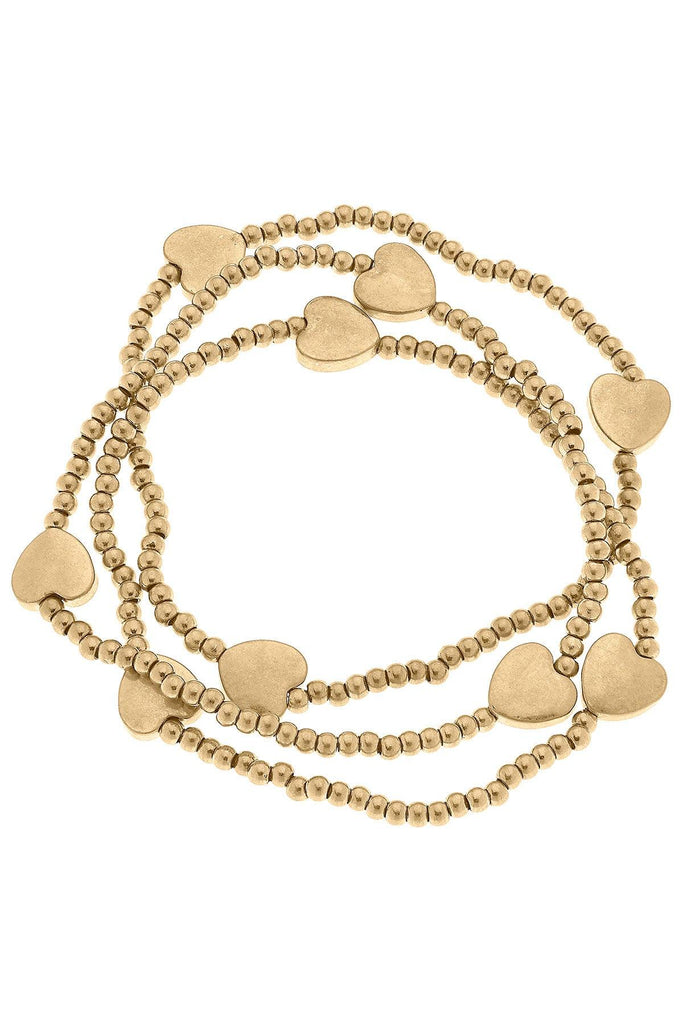 Macy Heart Stacking Stretch Bracelets in Worn Gold - Set of 3 - Canvas Style