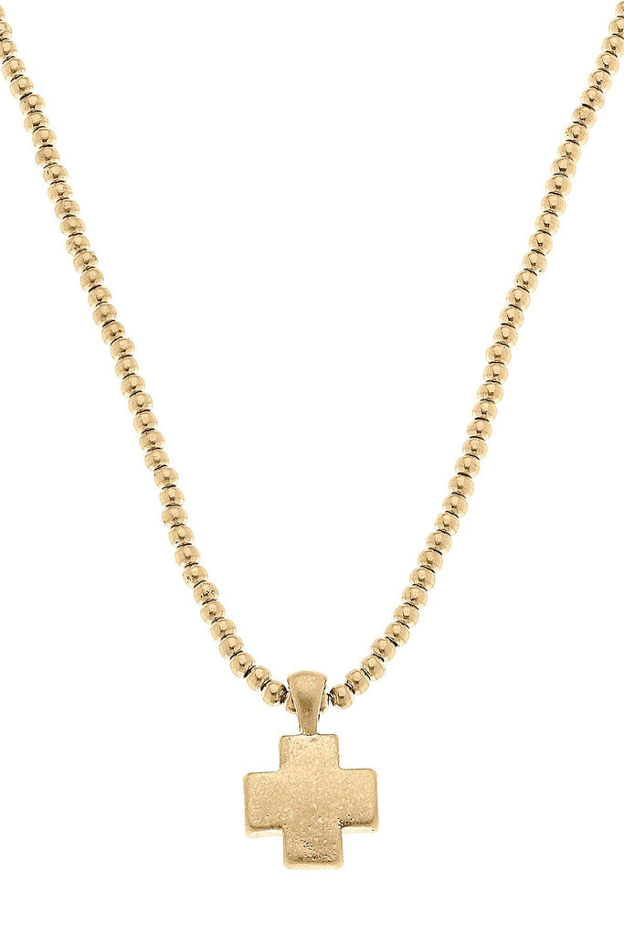 Macy Small Cross Pendant with Ball Bead Chain Necklace in Worn Gold - Canvas Style