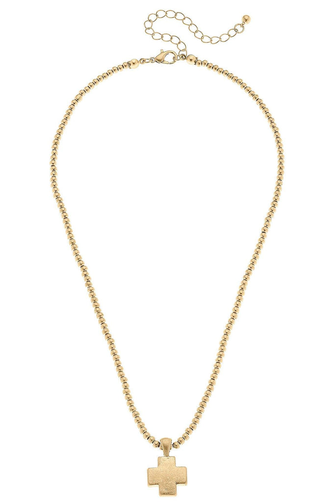 Macy Small Cross Pendant with Ball Bead Chain Necklace in Worn Gold - Canvas Style