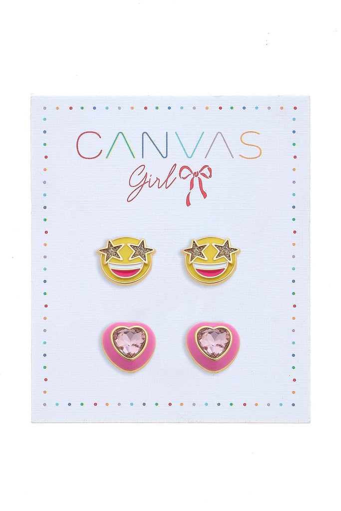 Madeleine Heart & Smiley Face Children's Stud Earrings in Worn Gold (Set of 2) - Canvas Style