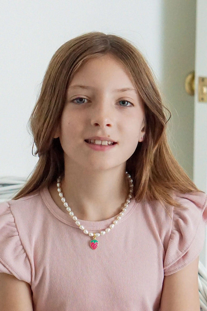 Madeleine Pearl & Strawberry Children's Necklace in Fuchsia - Canvas Style