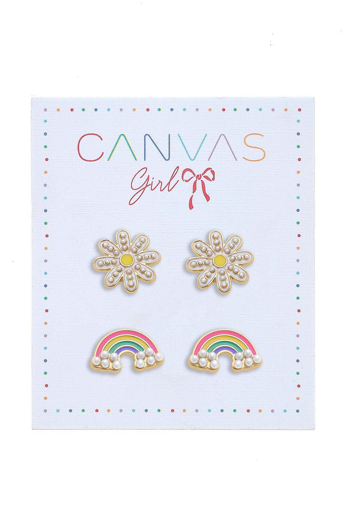 Madeleine Rainbow & Daisy Children's Stud Earrings in Worn Gold (Set of 2) - Canvas Style