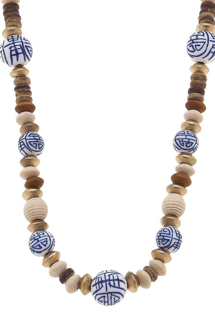 Mallory Blue & White Chinoiserie & Painted Wood Necklace in Ivory - Canvas Style