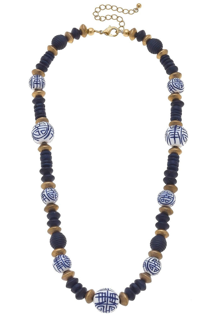 Mallory Blue & White Chinoiserie & Painted Wood Necklace in Navy - Canvas Style