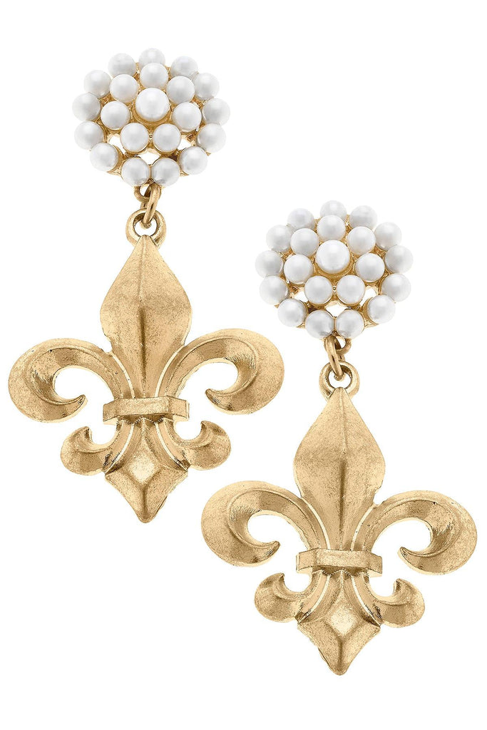 Manon Bourbon Fleur de Lis & Pearl Cluster Drop Earrings in Worn Gold - Canvas Style