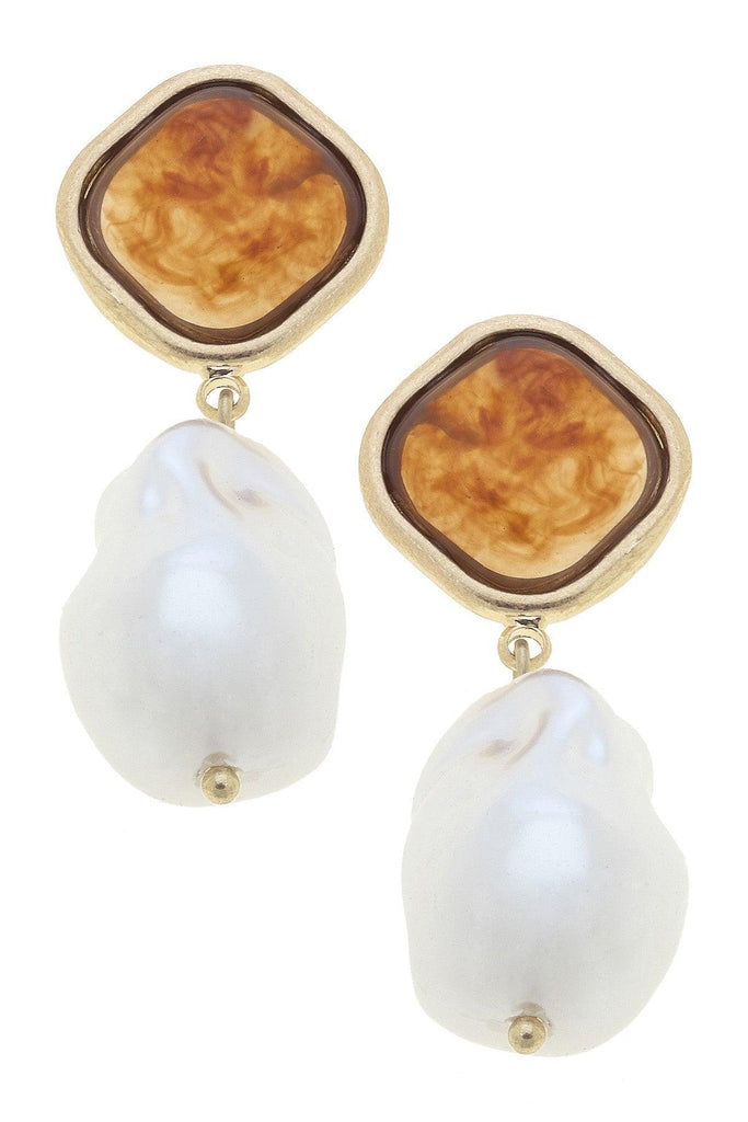 Marci Marbled Resin Pearl Drop Earrings in Amber & Satin Gold - Canvas Style