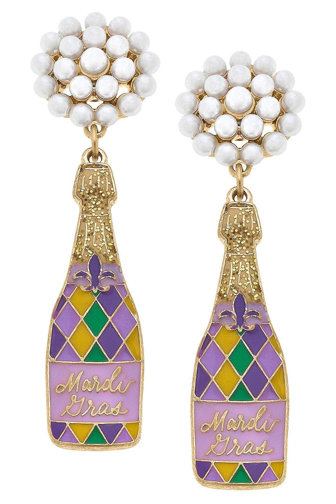 Mardi Gras Argyle Champagne Bottle Enamel Earrings - Canvas Style