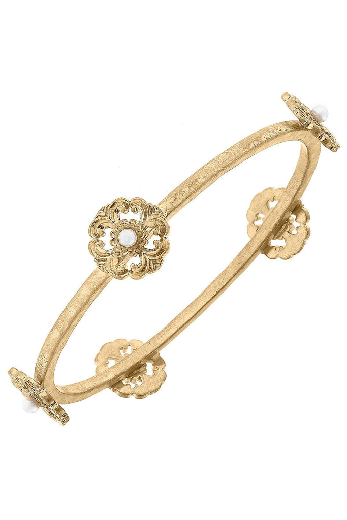 Marguerite Acanthus & Pearl Bangle in Worn Gold - Canvas Style