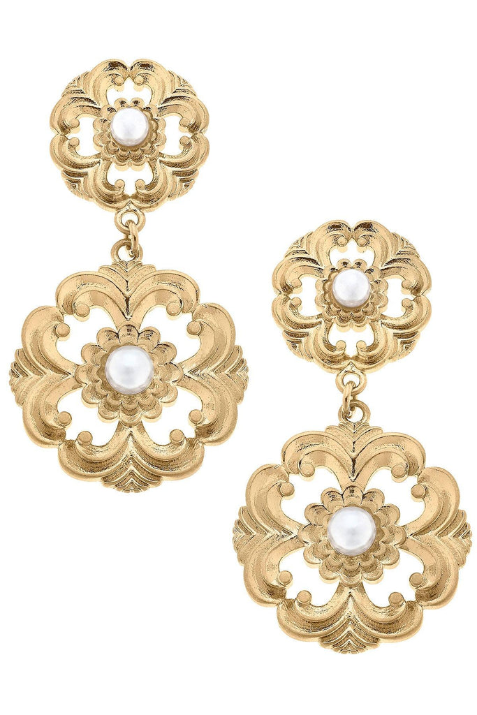 Marguerite Acanthus & Pearl Drop Earrings in Worn Gold - Canvas Style