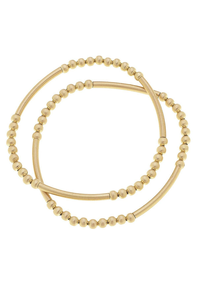 Marlena Satin Metal Beaded Stretch Bracelets (Set of 2) in Satin Gold - Canvas Style