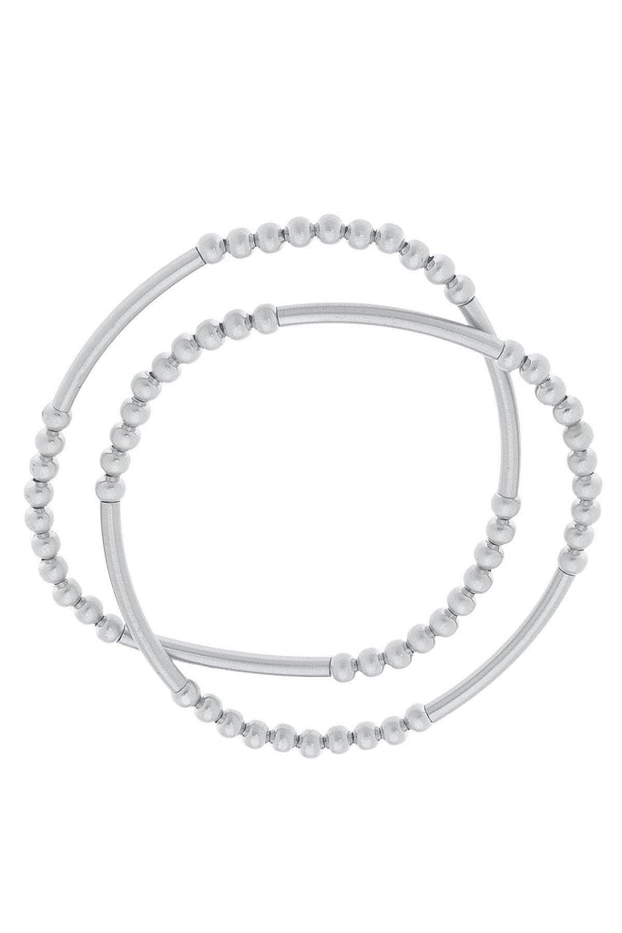 Marlena Satin Metal Beaded Stretch Bracelets (Set of 2) in Satin Silver - Canvas Style