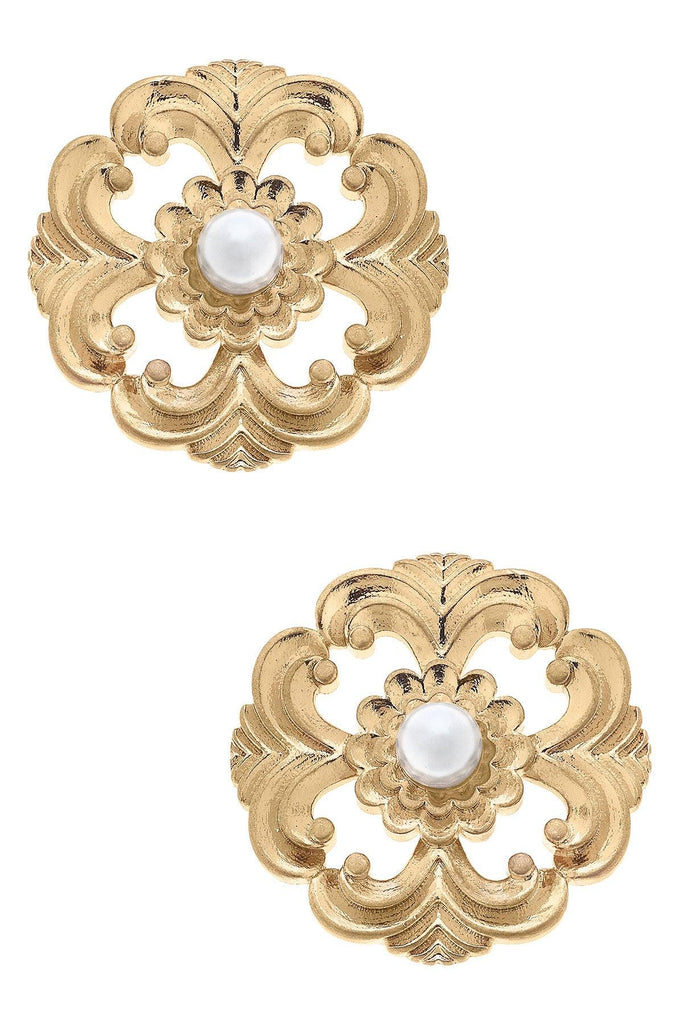 Marquette Acanthus & Pearl Stud Earrings in Worn Gold - Canvas Style