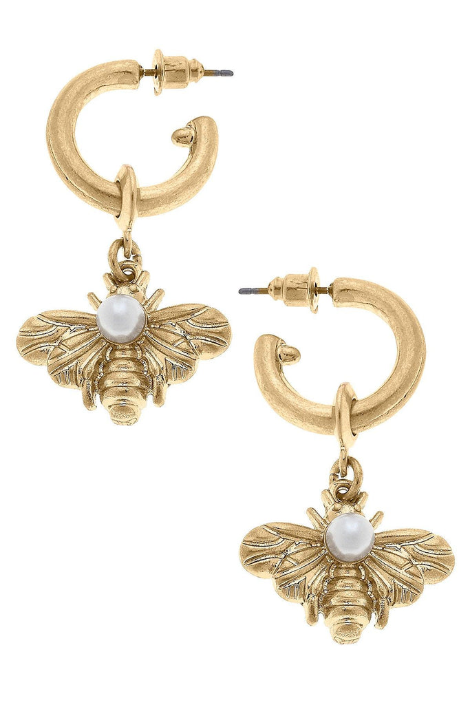 Martine Bee & Pearl Drop Hoop Earrings in Worn Gold - Canvas Style