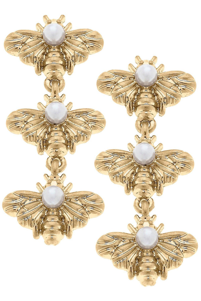 Martine Bee & Pearl Triple Drop Earrings in Worn Gold - Canvas Style