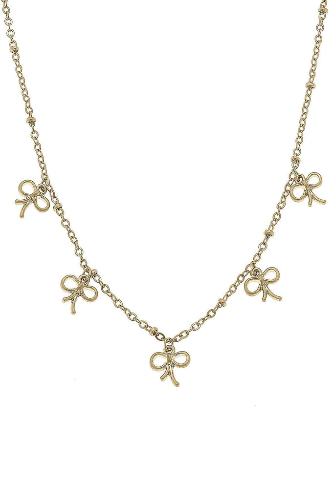 Mason Bow Charm Station Necklace in Worn Gold - Canvas Style