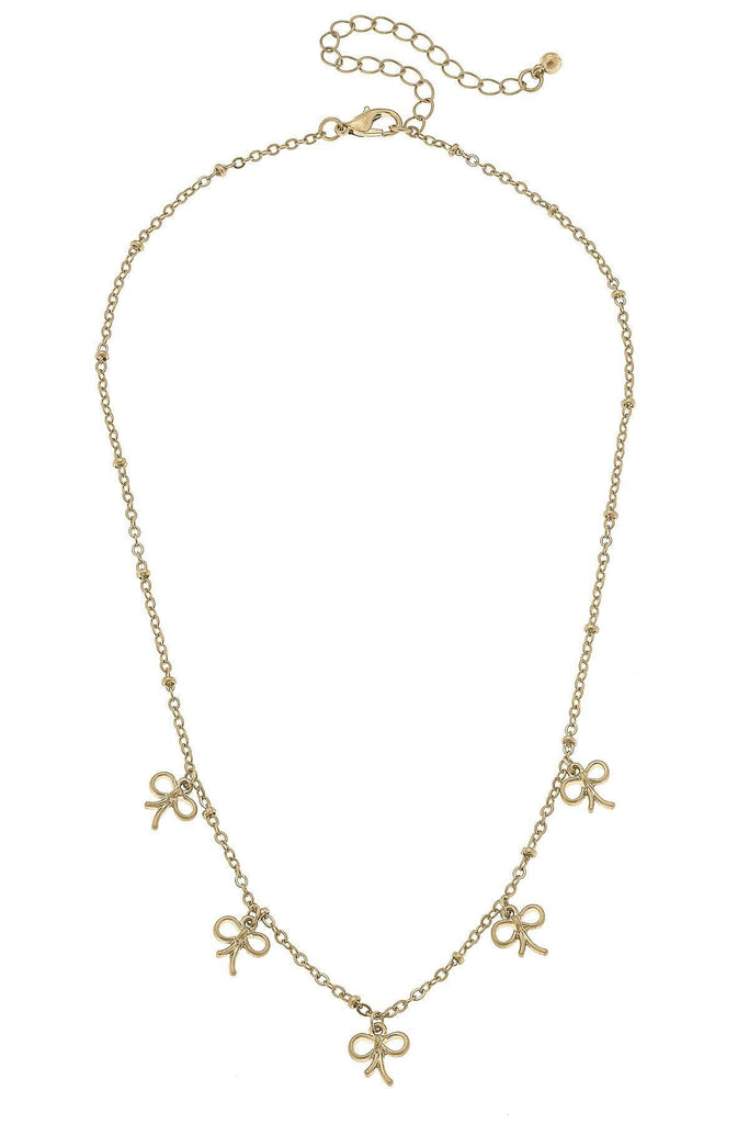 Mason Bow Charm Station Necklace in Worn Gold - Canvas Style