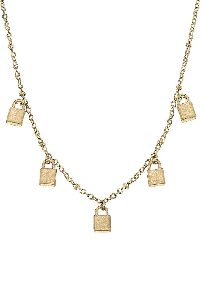 Mason Padlock Charm Station Necklace in Worn Gold - Canvas Style